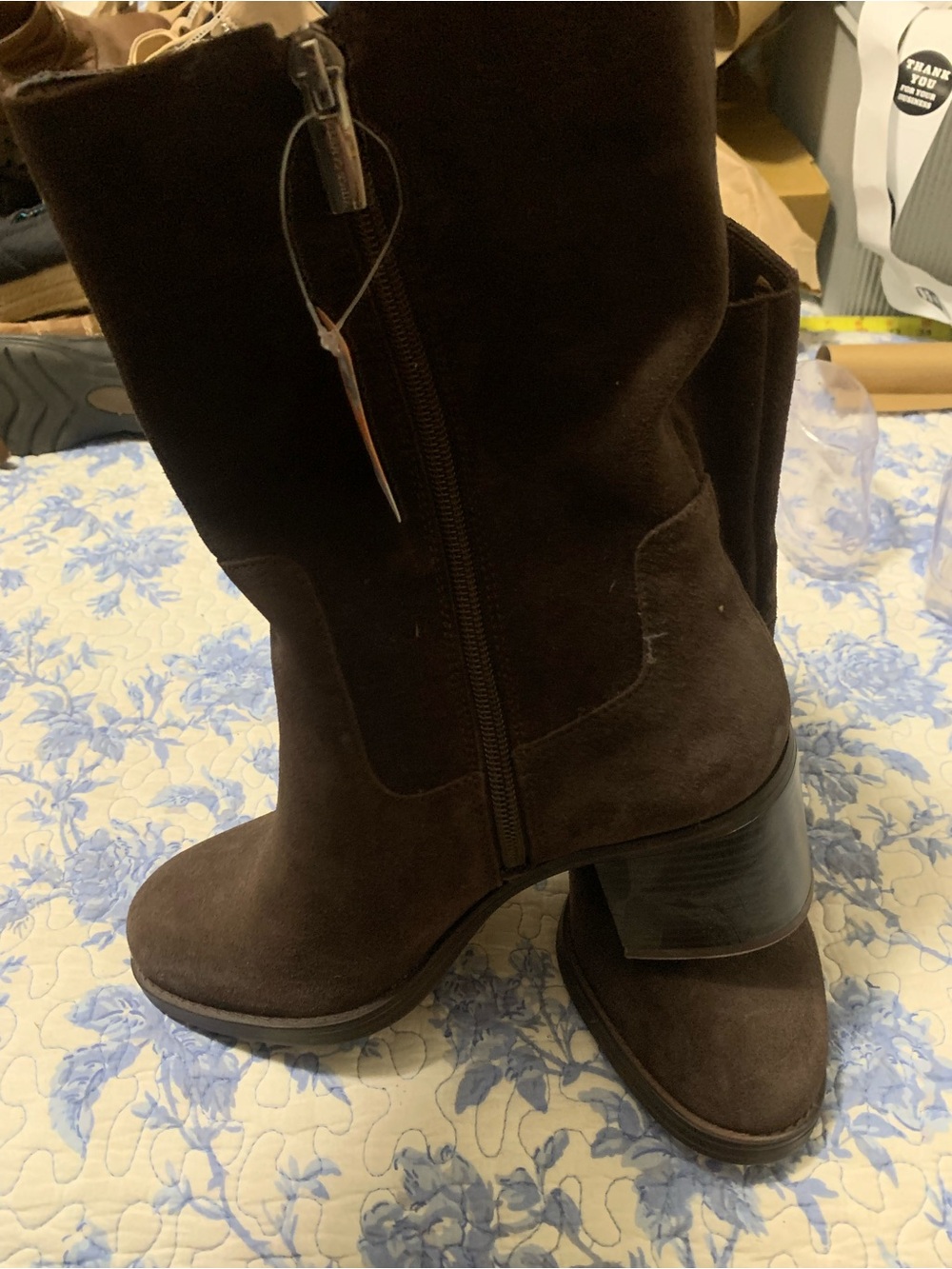 Vince Camuto Dark Brown Suede Mid-Calf Zip Heeled Boots